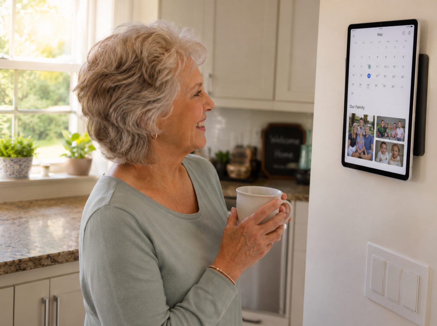 An older woman in a sunlit kitchen, smiling, holding a coffee mug, looking at a wall-mounted iPad showing Bennett's family calendar and recent photos