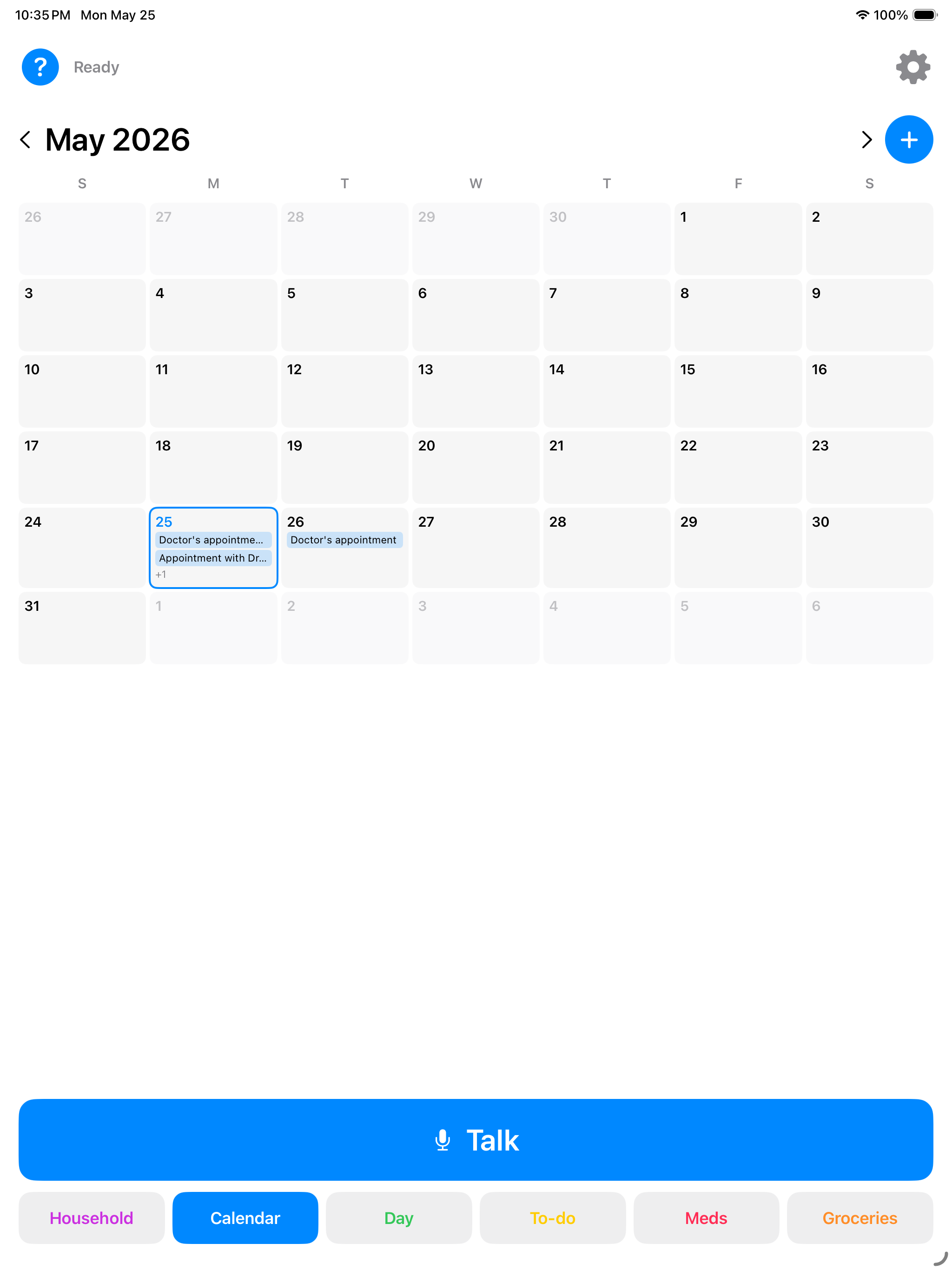 Bennett's month calendar view with appointments on May 25 and 26 and a voice 'Talk' button across the bottom of the screen