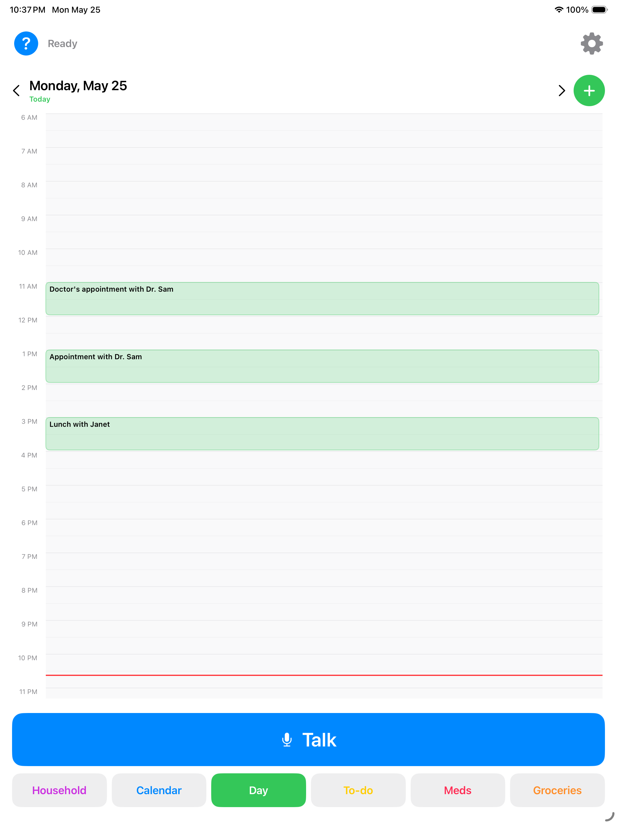 Today's hourly timeline with three events: a doctor's appointment at 11 AM, another at 1 PM, and lunch with Janet at 3 PM