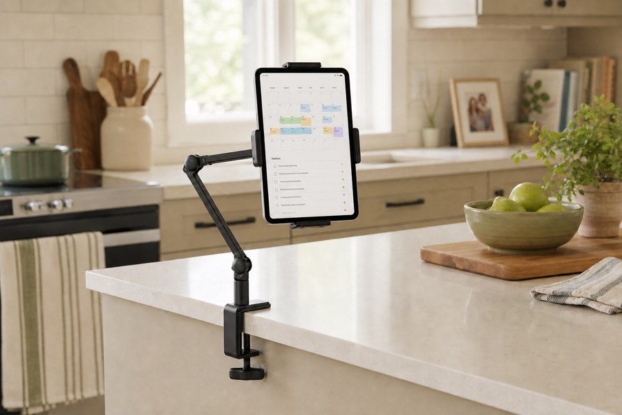 An iPad held above a kitchen counter by an articulated clamp arm
