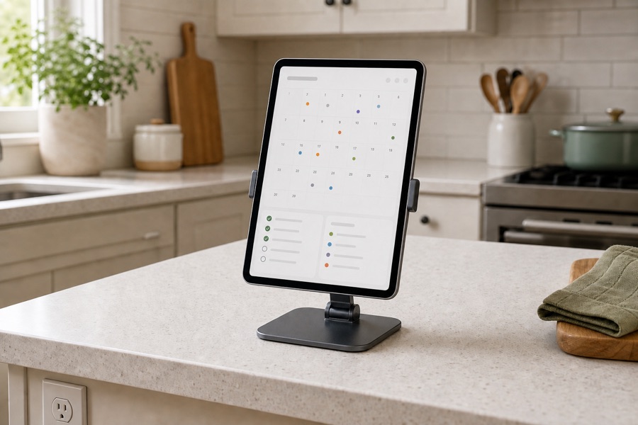 An iPad resting on an adjustable stand on a kitchen counter