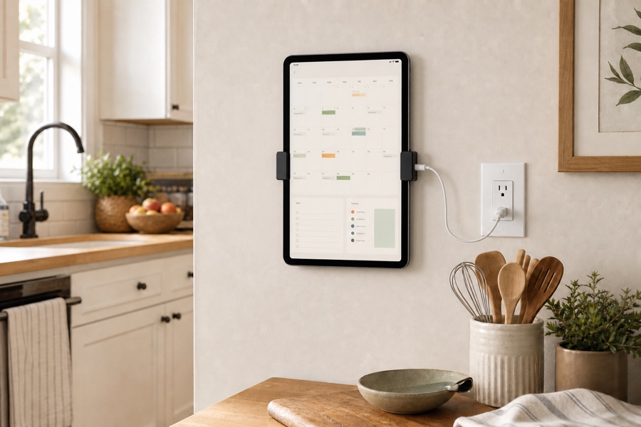 An iPad mounted on a kitchen wall beside an outlet
